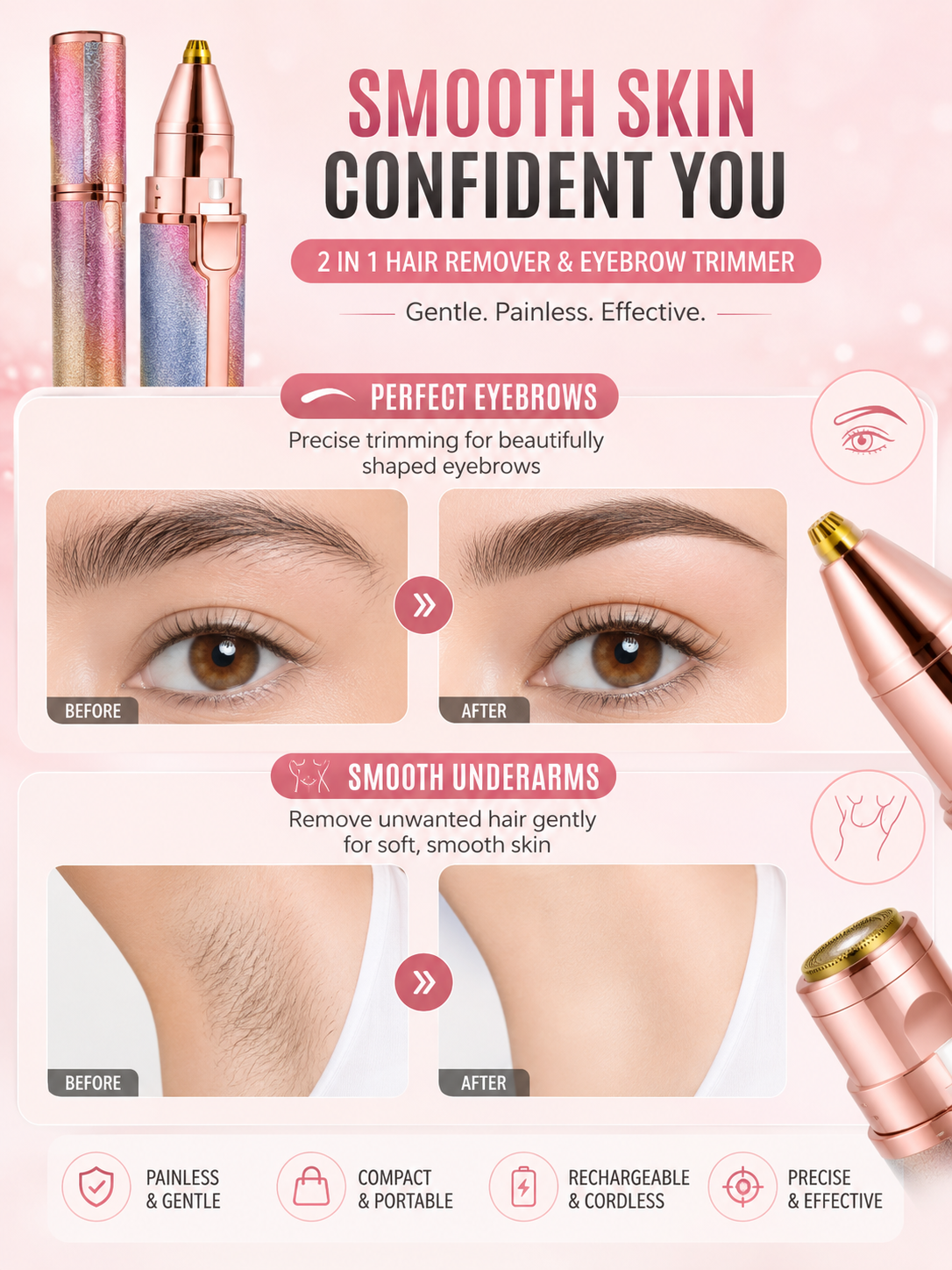 2-in-1 Rechargeable Ladies Hair Remover & Eyebrow Trimmer