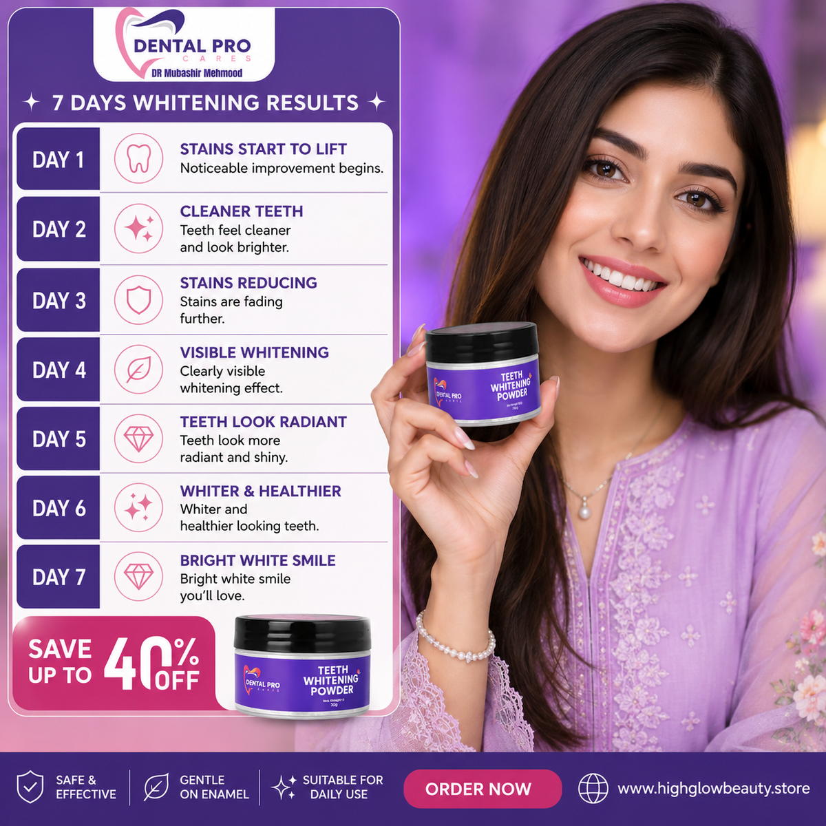 Teeth Whitening Powder – Natural Herbal & Miswak Formula for Sparkling White Teeth | High Glow Beauty