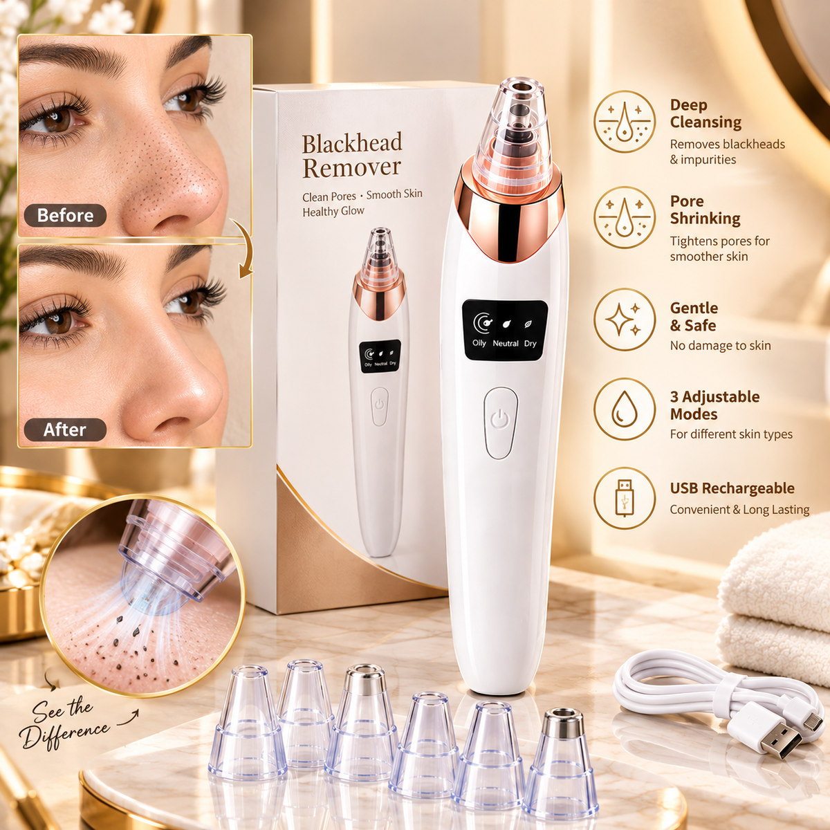 Luxury Blackhead Remover Vacuum – Deep Pore Cleaner with 5 Heads